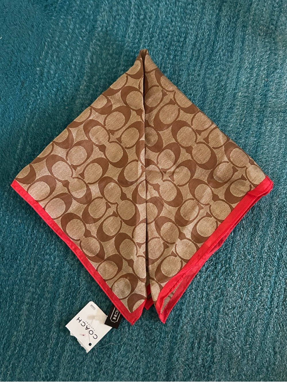 NWT Unisex Coach Scarf Made in Japan Cotton Silk 20" Square Brown with Red Trim